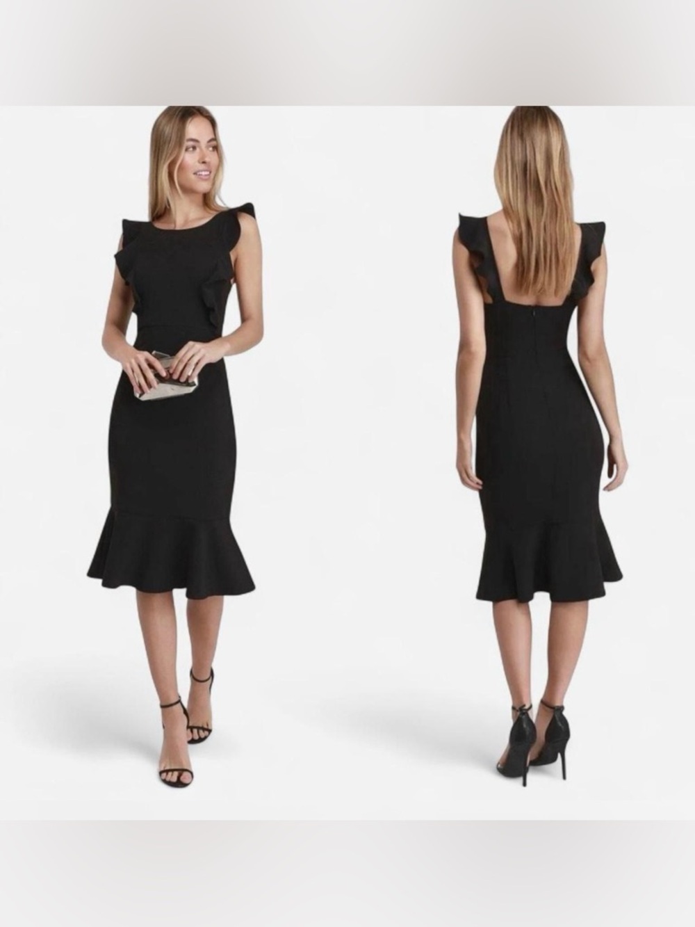 Lulu's Small Black Ruffle-Trim Midi Dress Formal Cocktail Wedding Guest Bodycon